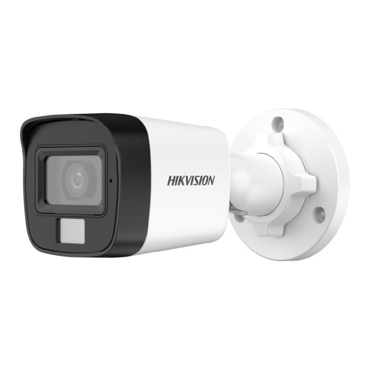 Eine weiße und schwarze Hikvision-Sicherheitskamera mit kreisförmiger Montagebasis.