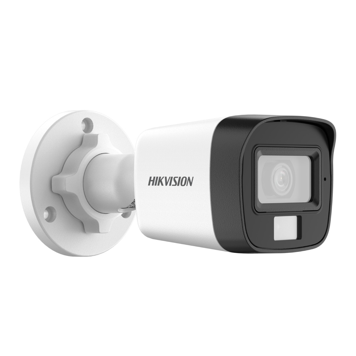 Eine weiße und schwarze Überwachungskamera mit Hikvision-Logo und kreisförmiger Halterung.