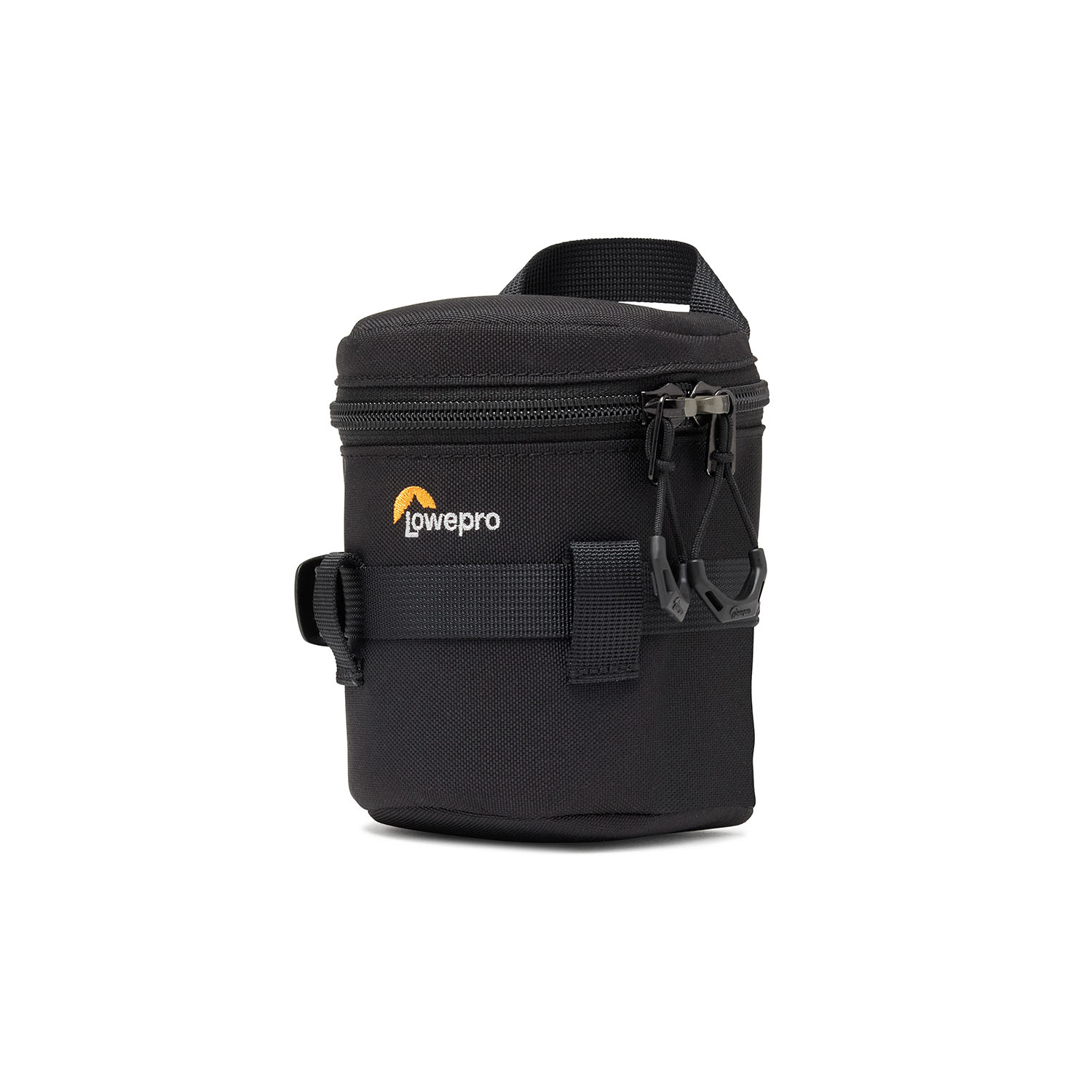 Custodia nera per obiettivo con logo Lowepro. La custodia è cilindrica.
