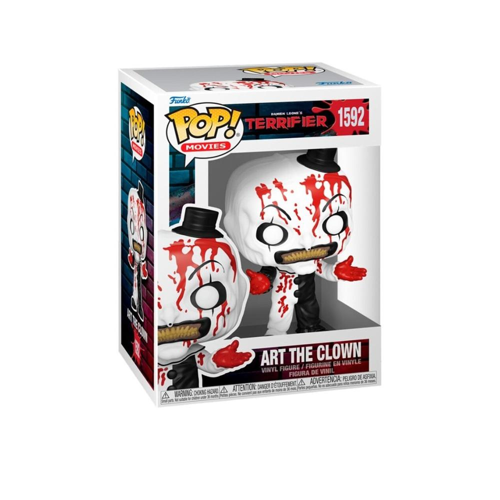 Eine Funko Pop-Box mit einer Terrifier Art the Clown-Figur, mit Blut und einem schwarzen Hut, auf weißem Hintergrund.