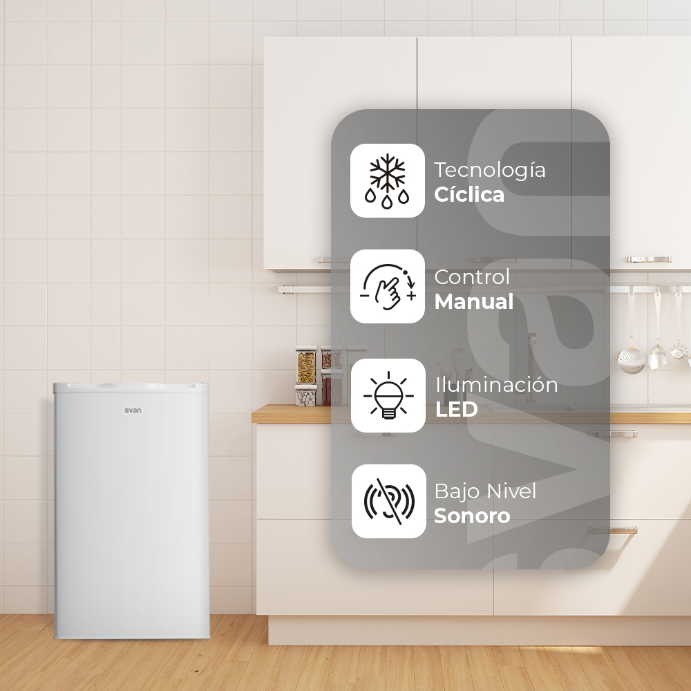 Un pequeño refrigerador blanco con un panel de control que muestra iconos para diferentes funciones, en un entorno de cocina blanco.