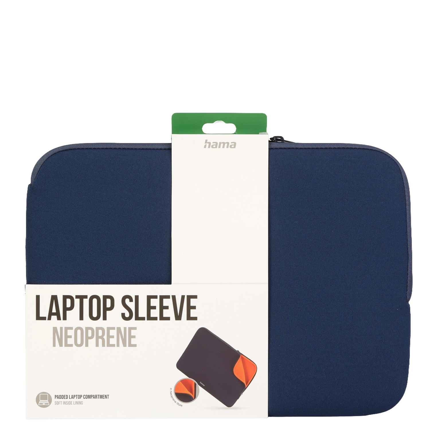Marineblaue Laptoptasche mit weißem Etikett und kleinem Bild eines Laptops.