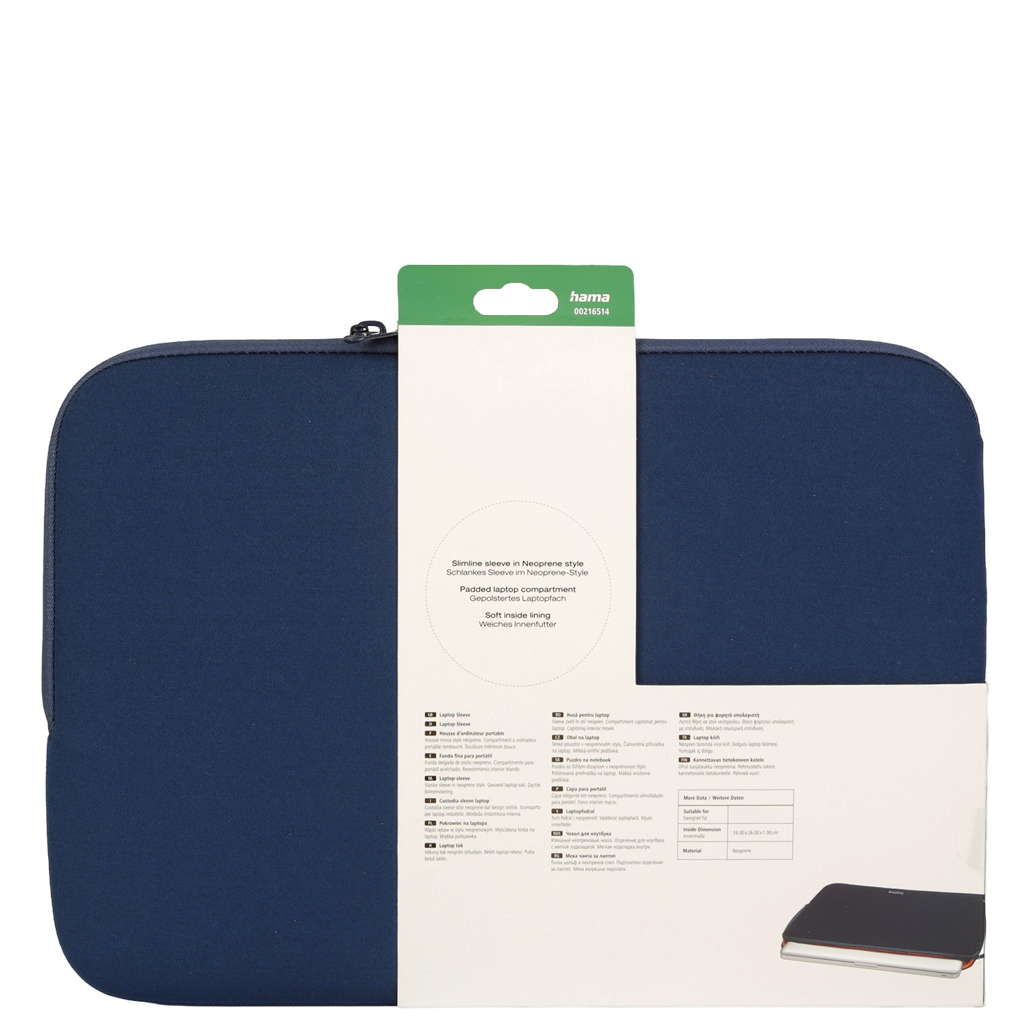 Marineblaue Laptoptasche mit weißem Etikett mit Text. Produktdetails sind gezeigt.