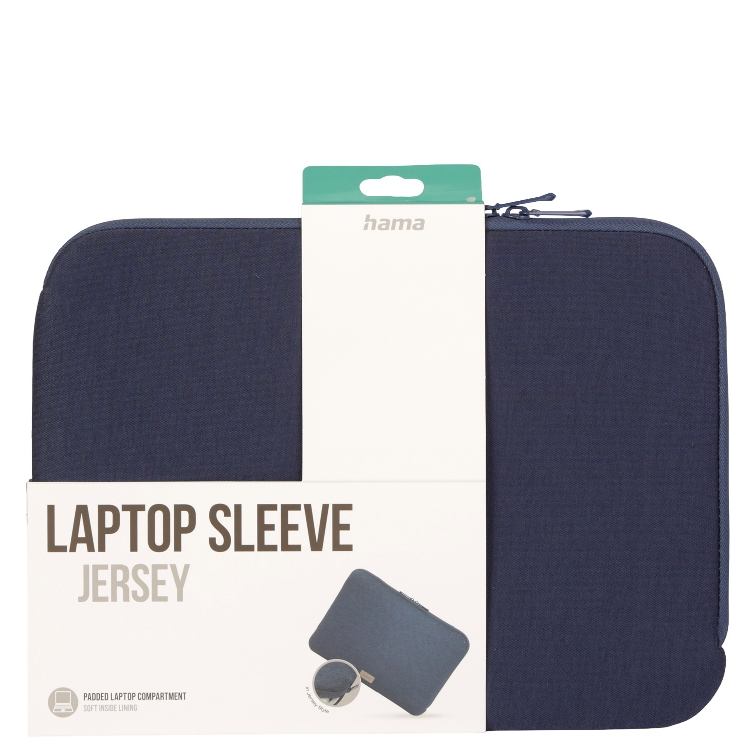 Marineblaue Laptoptasche mit weißem Etikett und kleinem Bild eines Laptops.