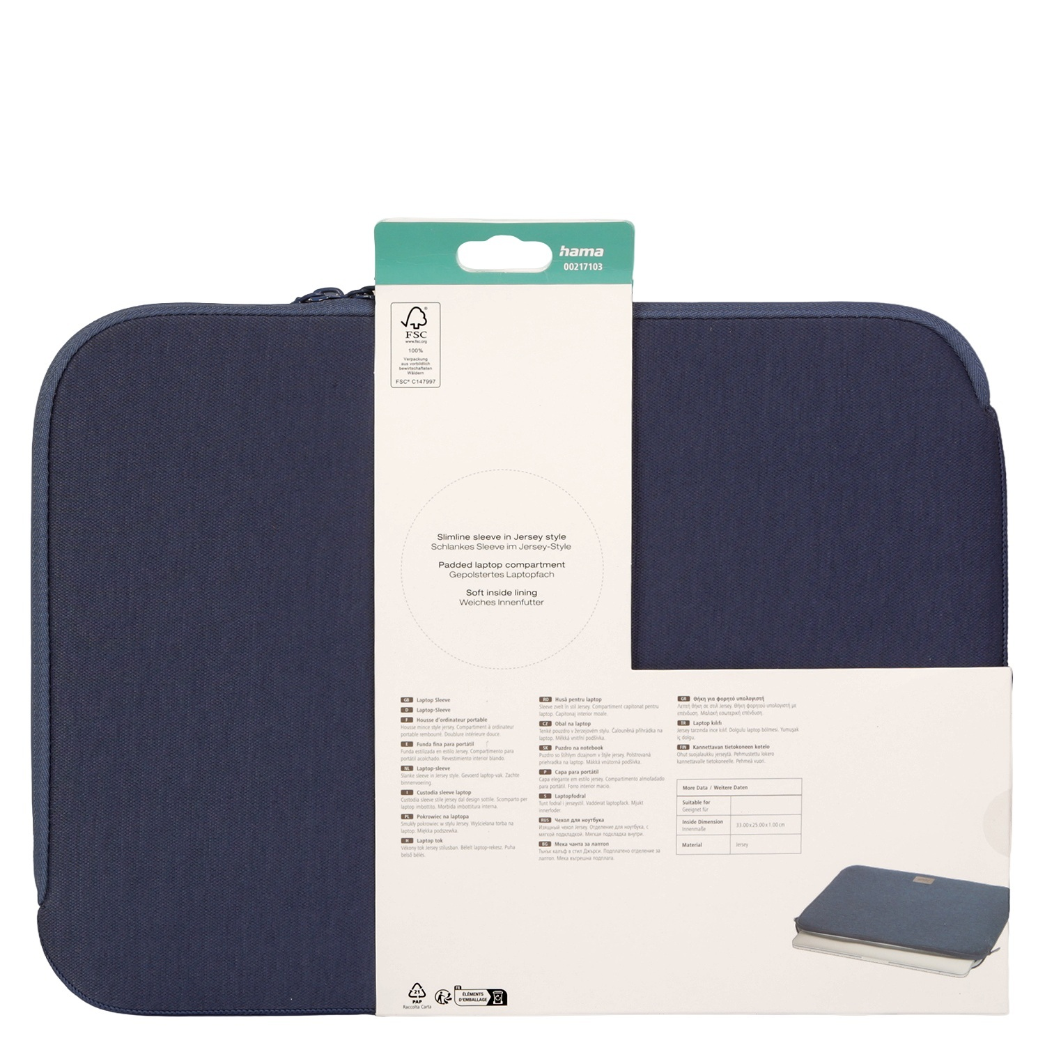 Marineblaue Laptoptasche mit Textetikett mit Produktdetails. Eine Laptoptasche ist gezeigt.
