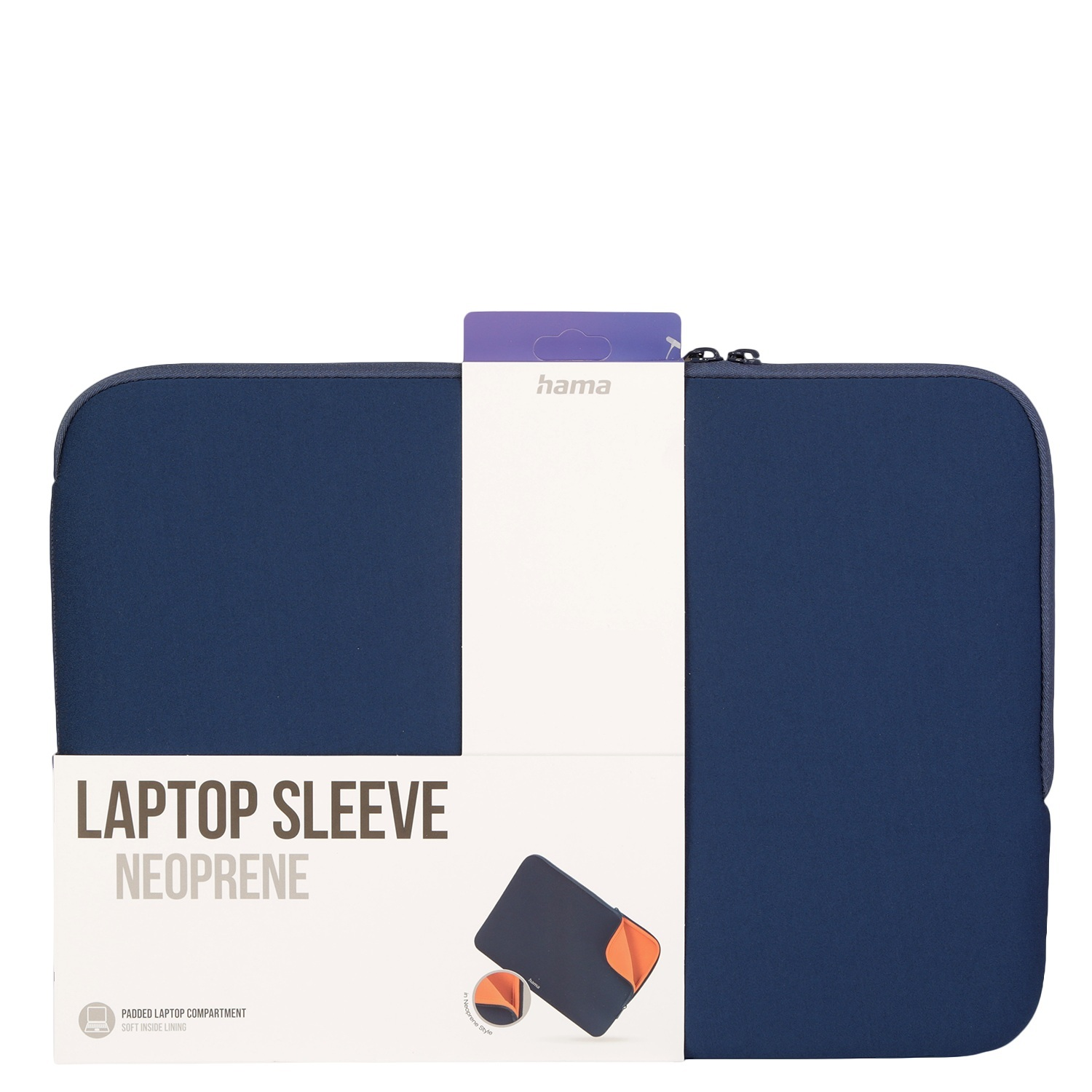 Marineblaue Laptoptasche mit weißem Etikett und kleinem Bild eines Laptops.