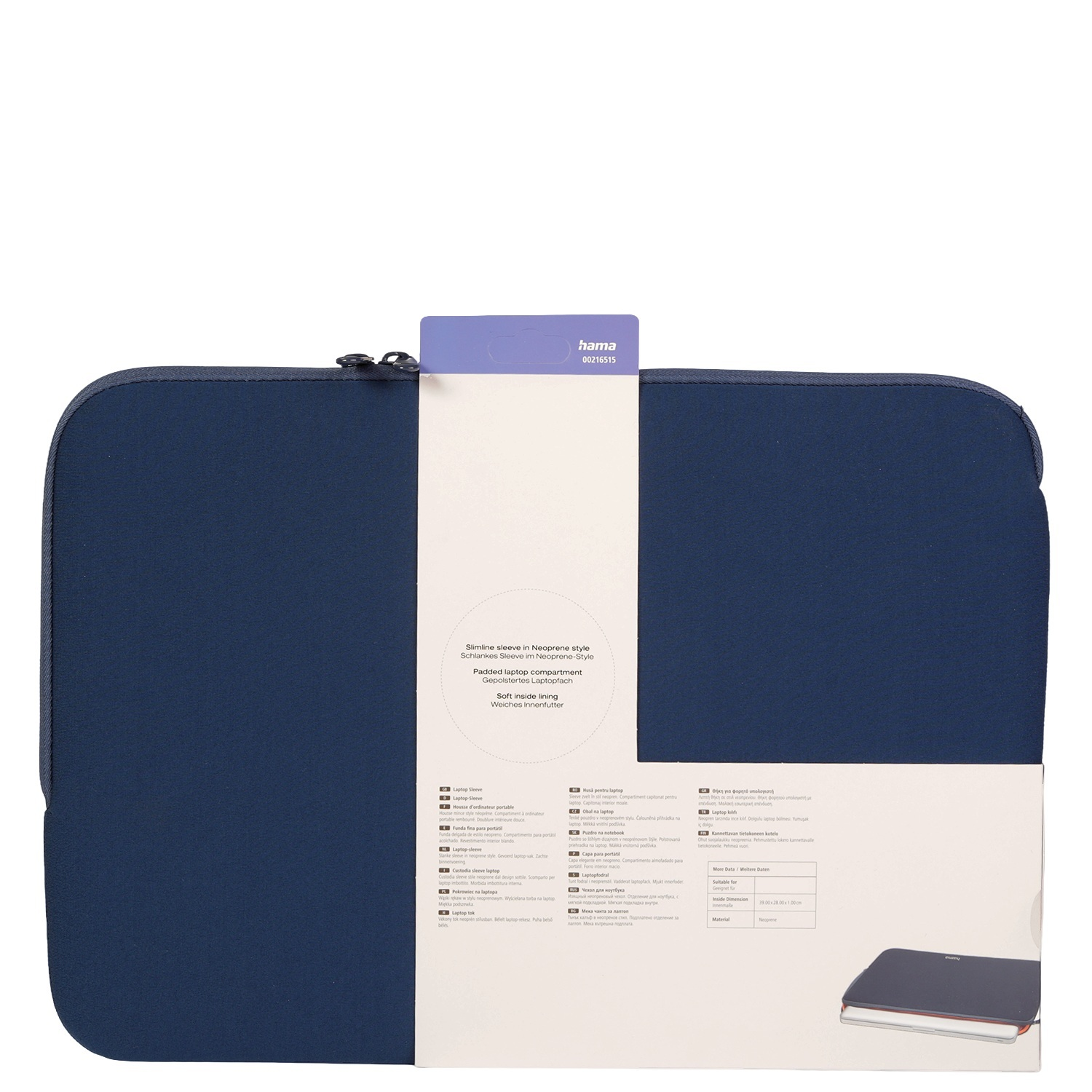 Marineblaue Laptoptasche mit Textetikett mit Produktdetails. Eine Laptoptasche ist gezeigt.