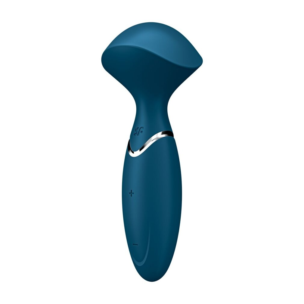 Vibrador turquesa con cabezal curvo y base redondeada. Acabado plateado en el cuerpo.