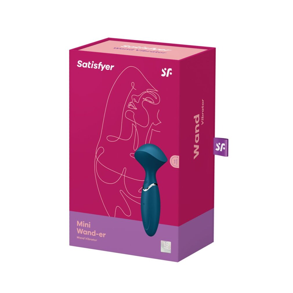Caja con un vibrador turquesa sobre un fondo blanco. La marca Satisfyer es visible.