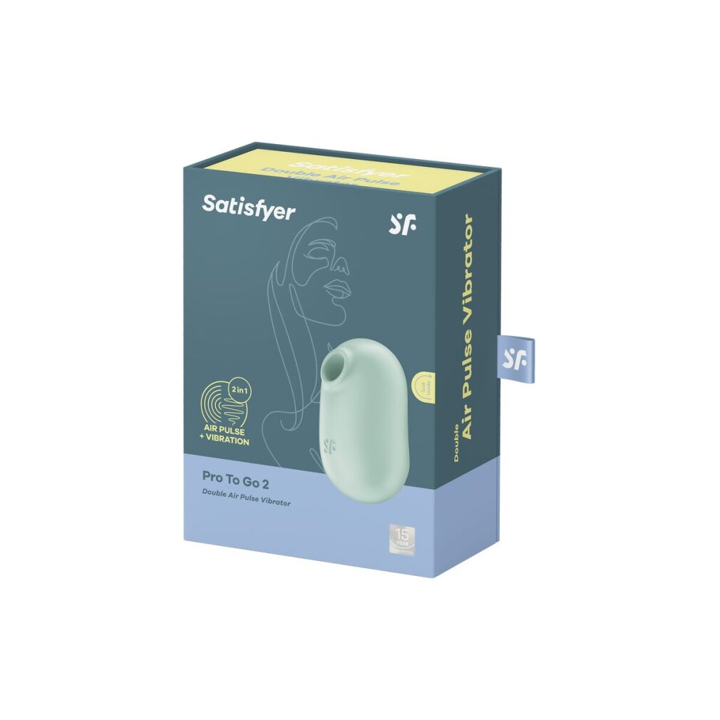 Caja con vibrador turquesa sobre fondo blanco. Marca Satisfyer y nombre del producto.