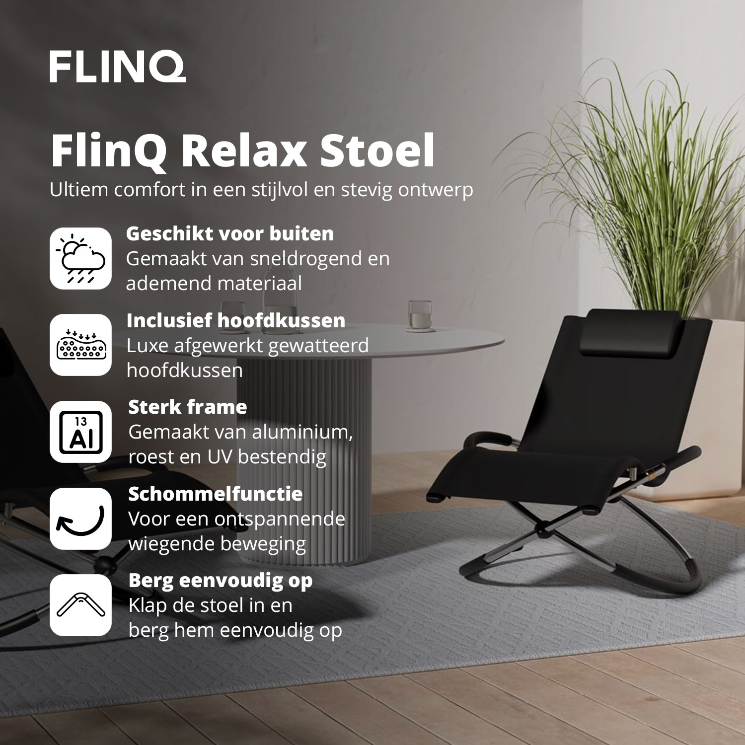 A black recliner chair with a headrest and a table with a glass and a plant.