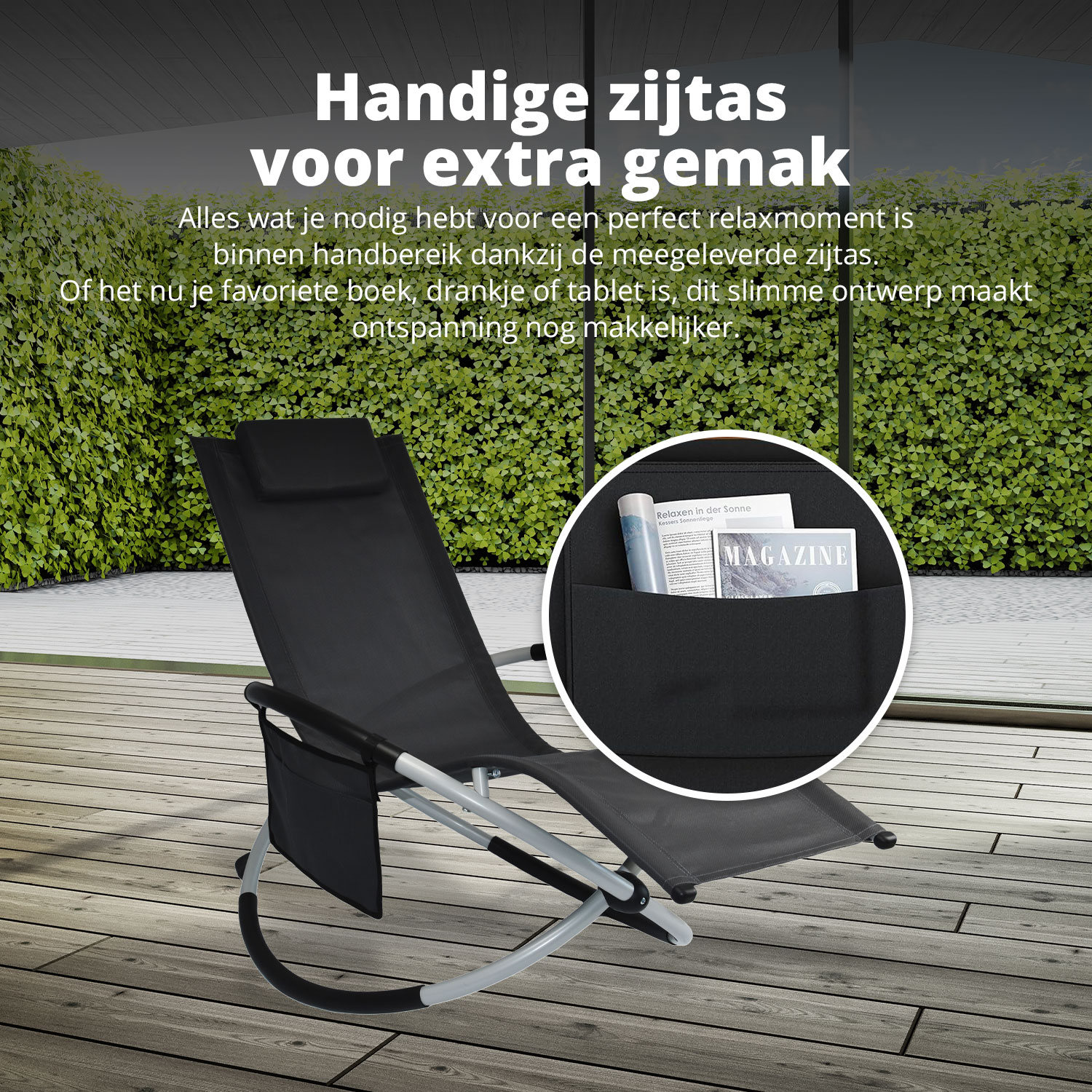 A black rocking lounge chair with pockets on a patio surrounded by greenery.