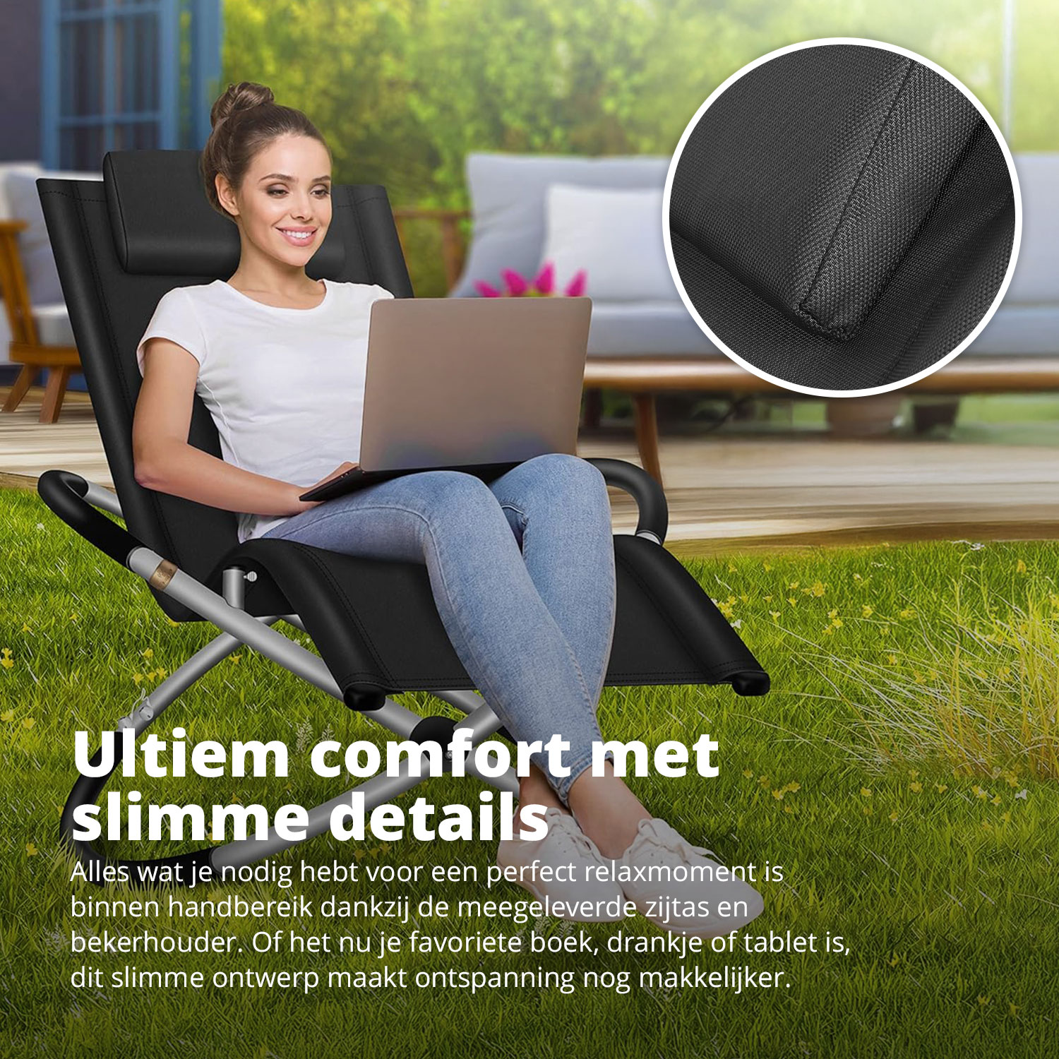 A woman using a laptop on a black recliner chair, outdoors in a garden, smiling.
