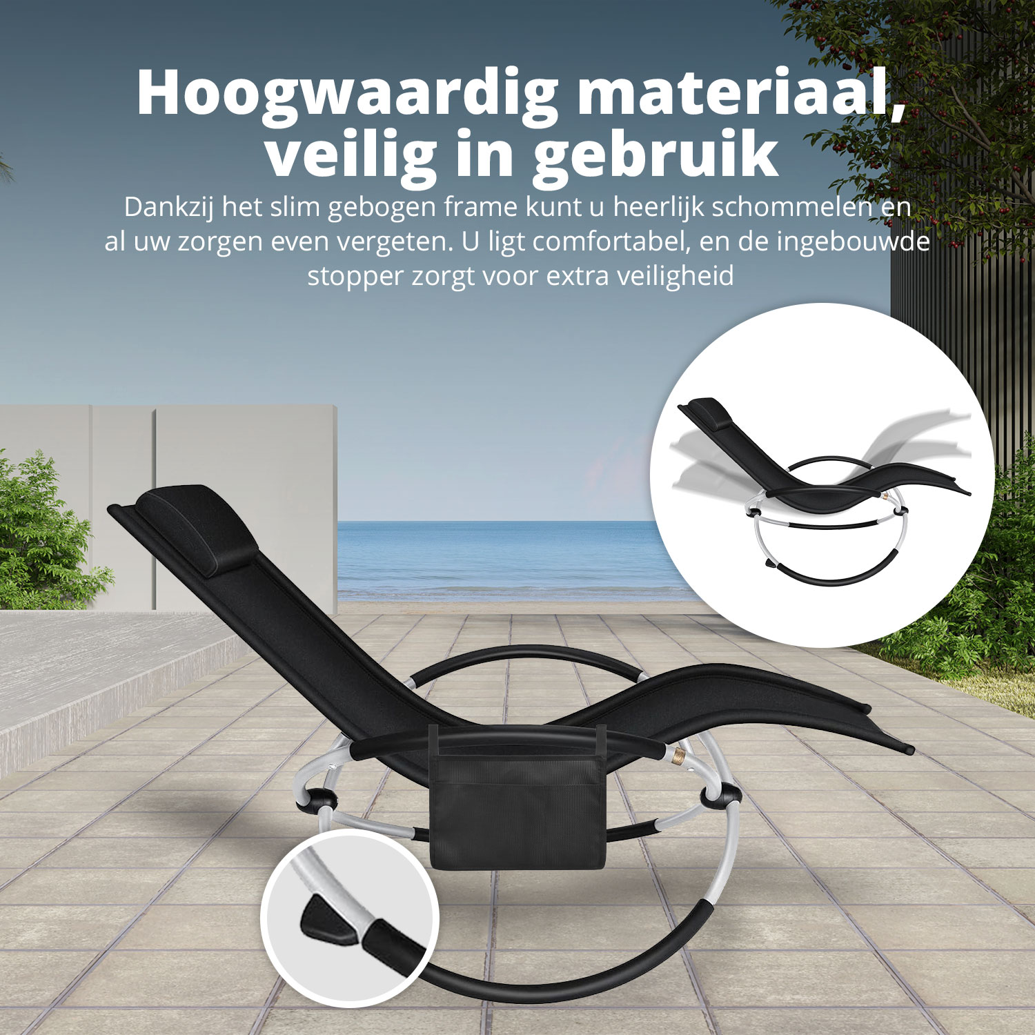 A black rocking lounge chair with pockets on a patio with a beach view in the background.
