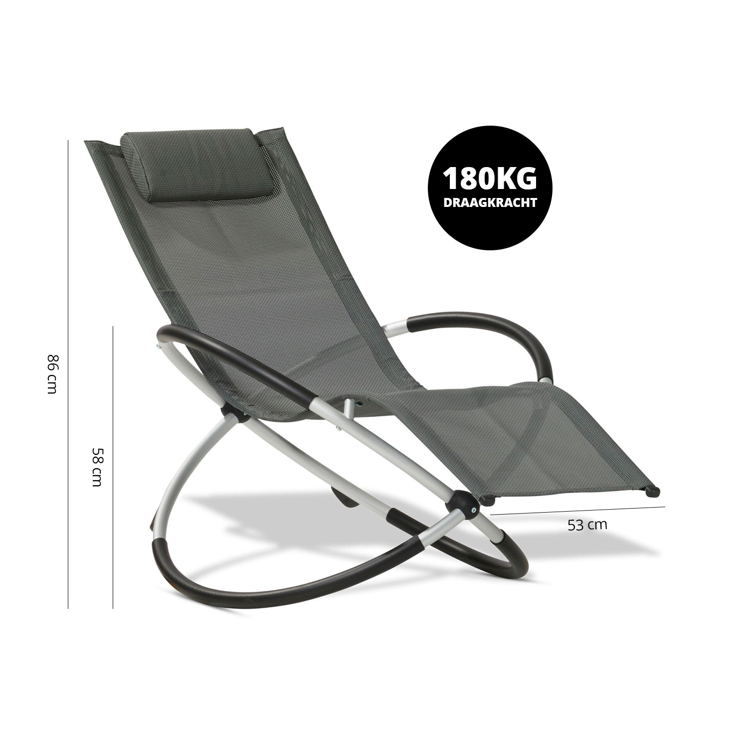 A gray rocking lounge chair with a 180KG capacity on a white background with dimensions.