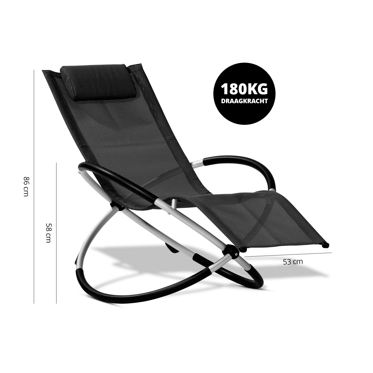 A black rocking lounge chair with a 180KG capacity on a white background with dimensions.
