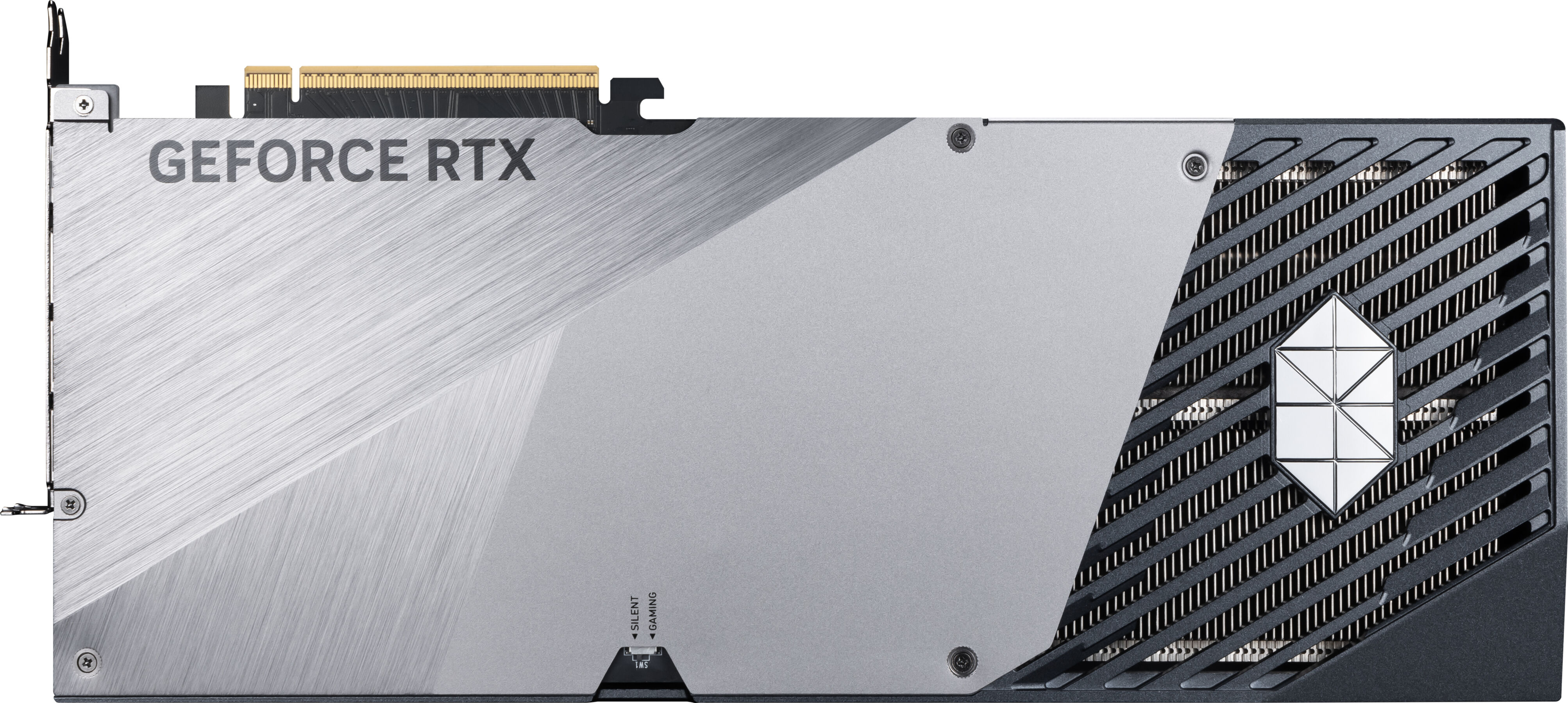 Srebrna karta graficzna GeForce RTX z czarno-srebrnym designem.