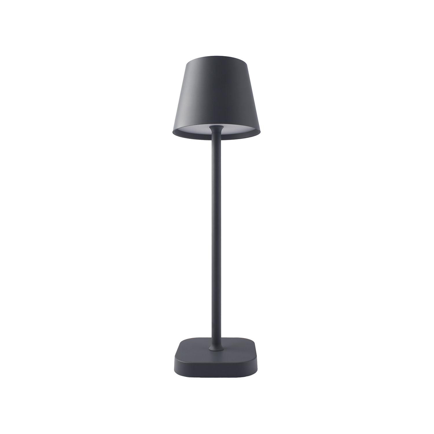 Een donkergrijze lamp met een kap, op een vierkante voet, op een witte achtergrond.