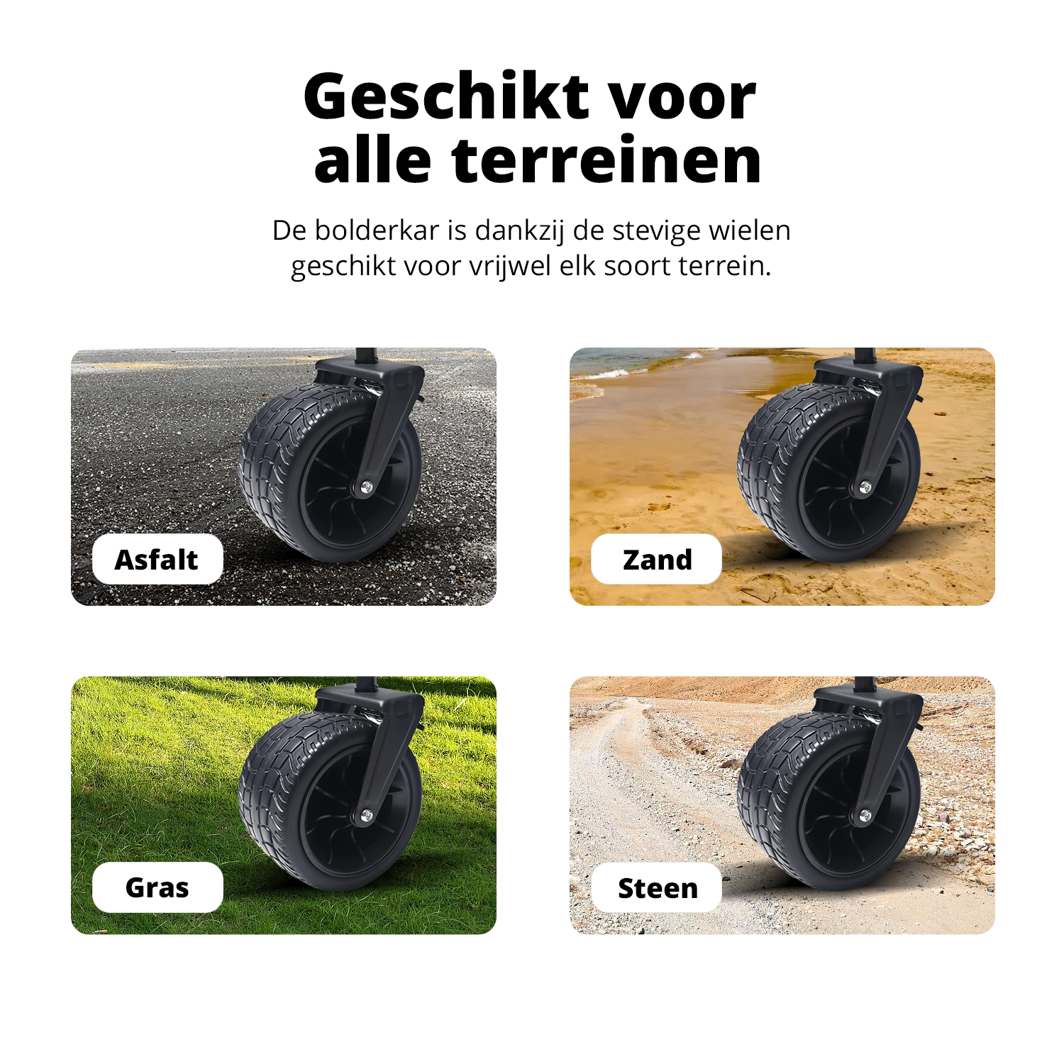 Collage, das ein schwarzes Wagenrad auf Asphalt-, Sand-, Gras- und Steinoberflächen zeigt.