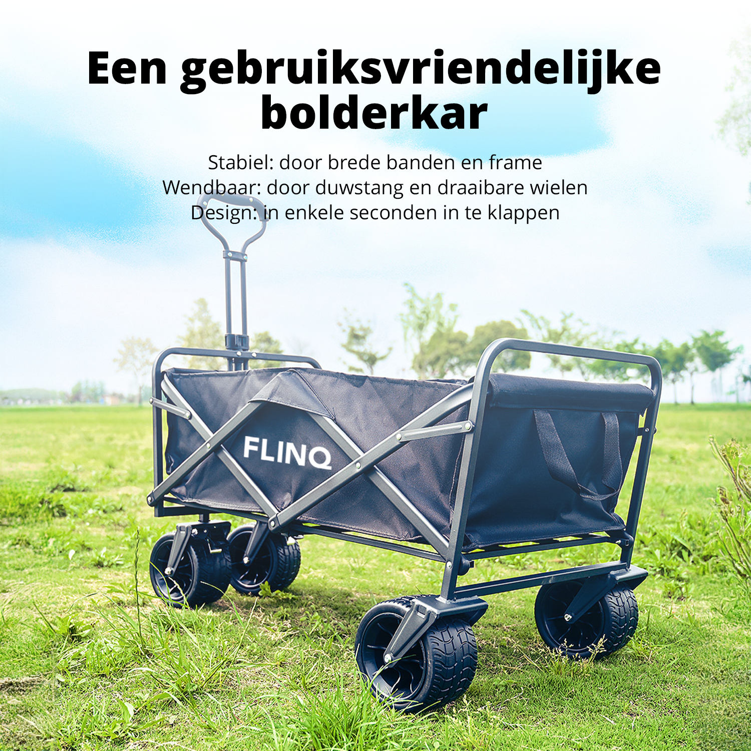 Schwarzer Faltwagen auf grünem Gras mit blauem Himmel und Bäumen im Hintergrund.