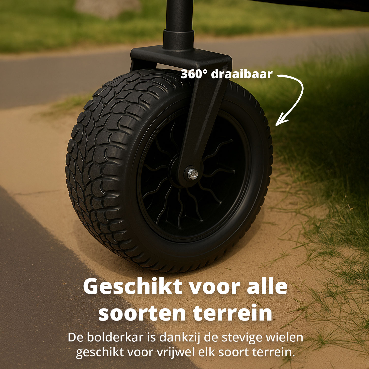 Nahaufnahme eines schwarzen Wagenrads, das seine 360-Grad-Drehbarkeit auf einer gemischten Geländeoberfläche zeigt.