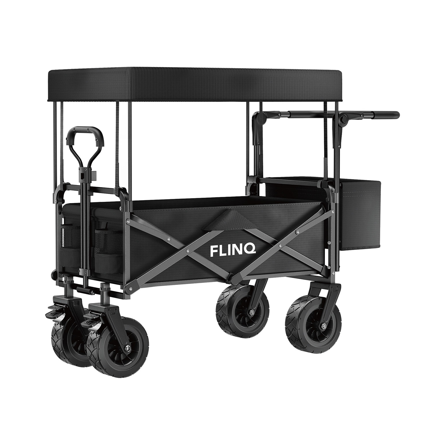 Un chariot FlinQ noir avec auvent, poignée et plusieurs roues, sur fond blanc.