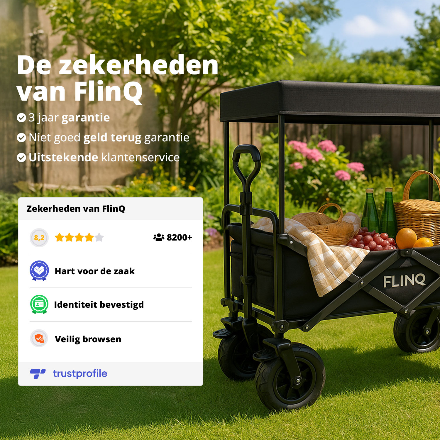 Un chariot FlinQ avec texte et icônes, avec une scène de pique-nique en arrière-plan, sur l'herbe.
