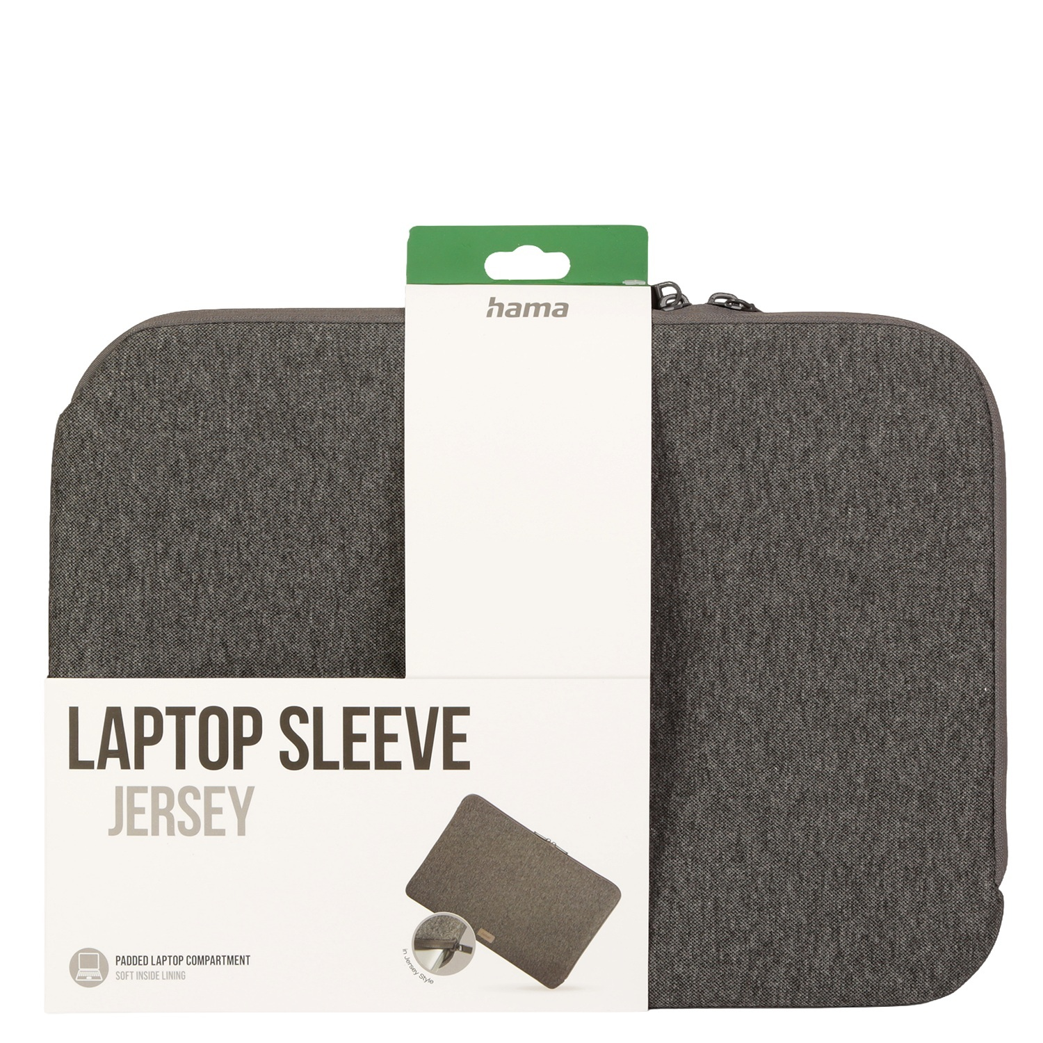 Eine graue Laptoptasche mit weißem Etikett und dem Markennamen 'hama' wird gezeigt.