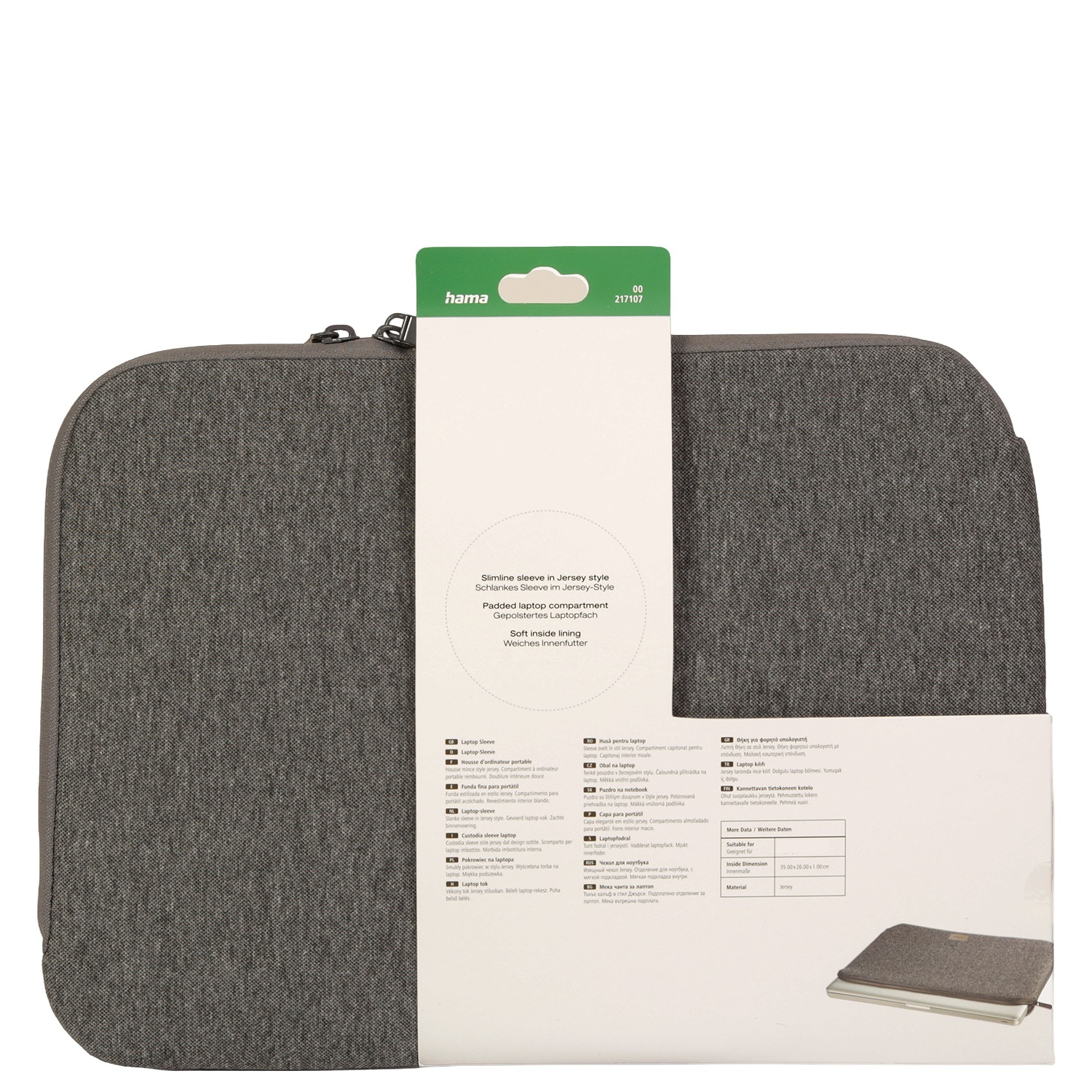 Eine graue Laptophülle mit einem Hama-Etikett, neben ihrer Verpackungsbox auf einem weißen Hintergrund.