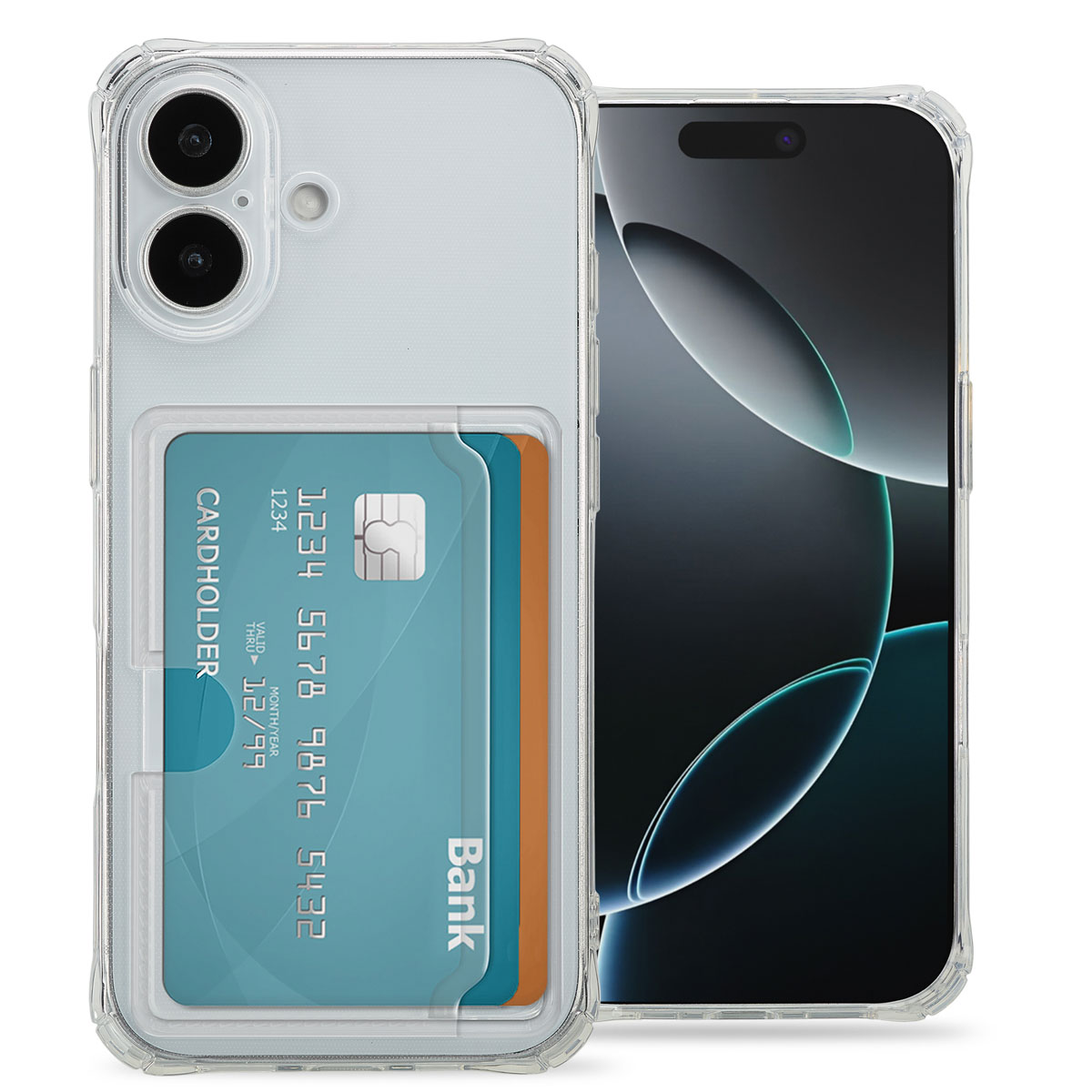 Transparante telefoonhoes met kaarthouder voor twee creditcards, en een telefoonscherm zichtbaar rechts.
