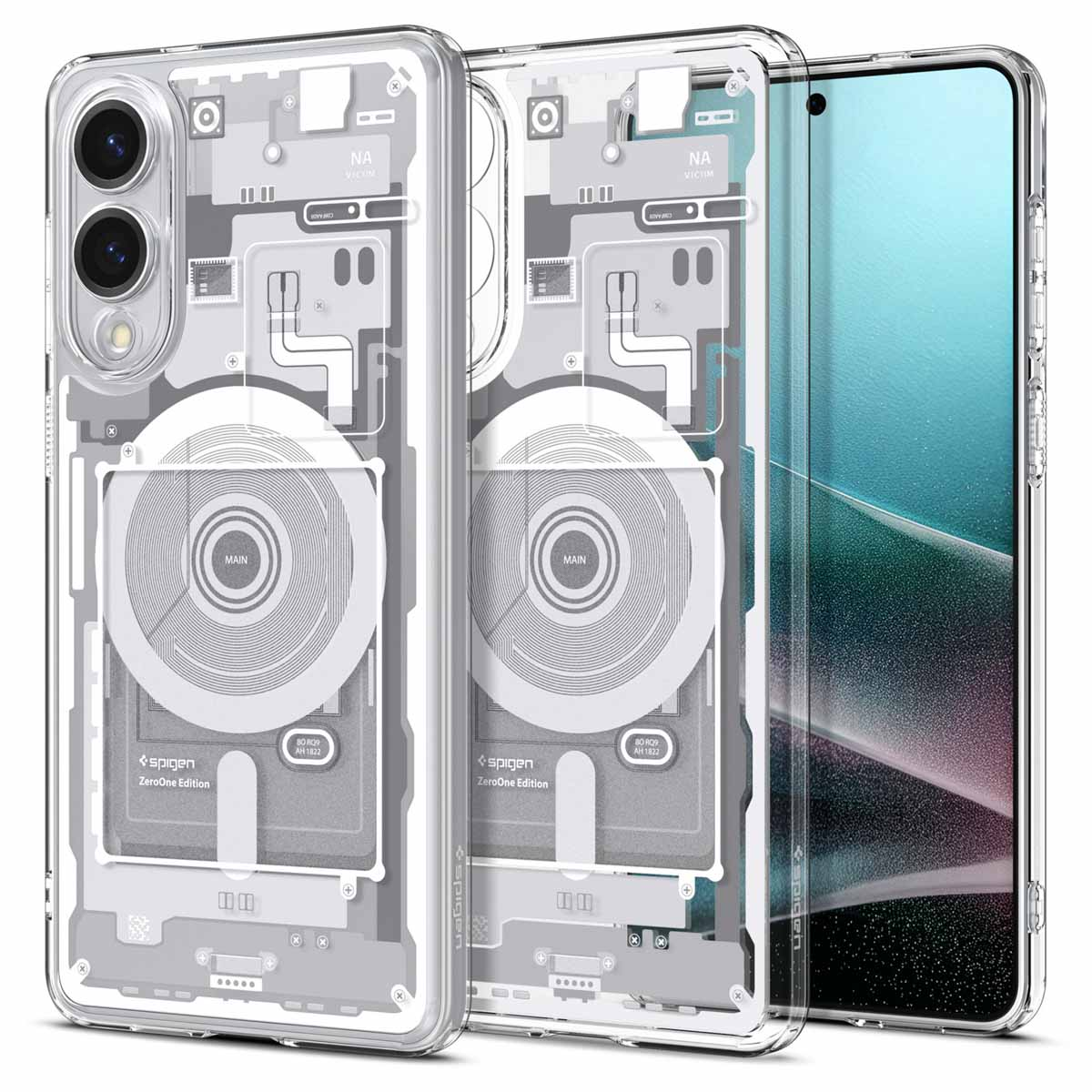 Transparante telefoonhoes met een wit ontwerp van de interne componenten van de telefoon. Het scherm is zichtbaar.
