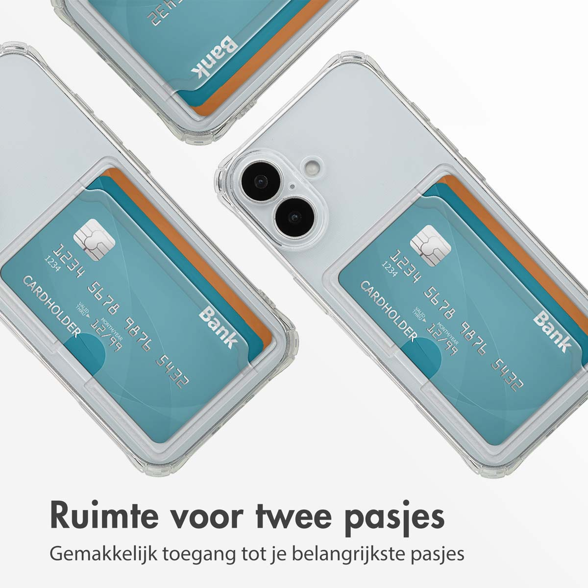 Drie telefoons met creditcards zichtbaar in kaarthouders. Nederlandse tekst onderaan, witte achtergrond.