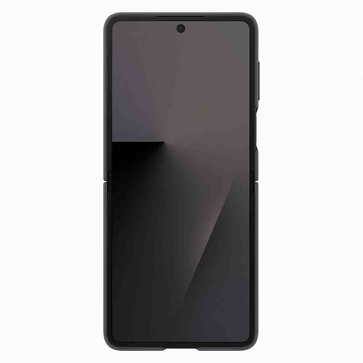 Telefono pieghevole in una custodia nera, che mostra lo schermo. La custodia ha un design elegante, con ritaglio fotocamera.