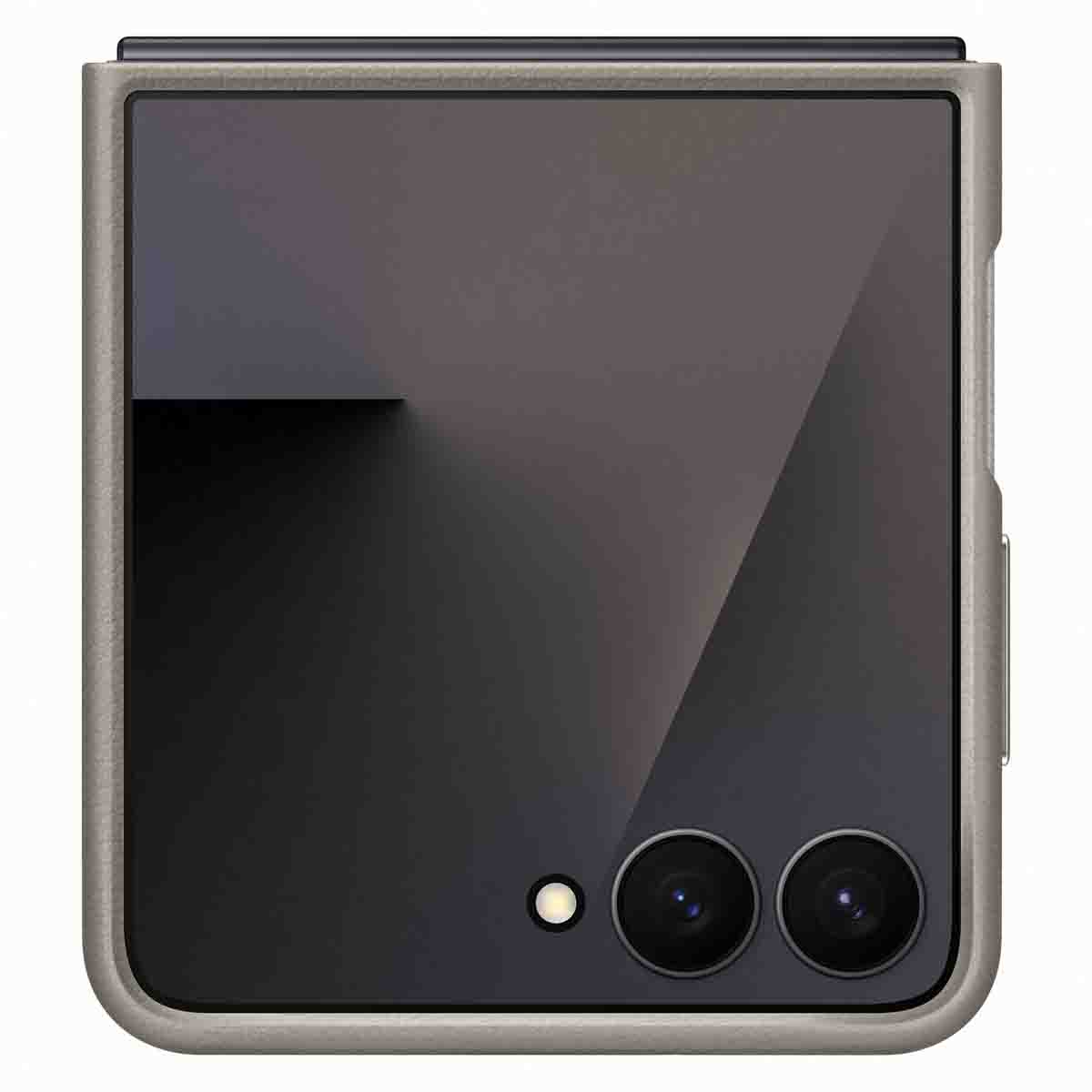 Custodia pieghevole, doppia fotocamera e luce. Schema colori grigio e nero.