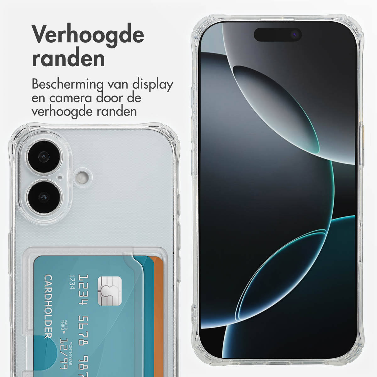 Transparante hoes met telefoon en creditcard. Tekst links.