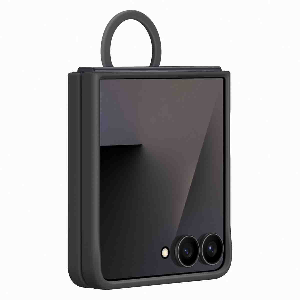 Custodia nera con anello, doppia fotocamera e una piccola luce. Design pieghevole, colore nero.
