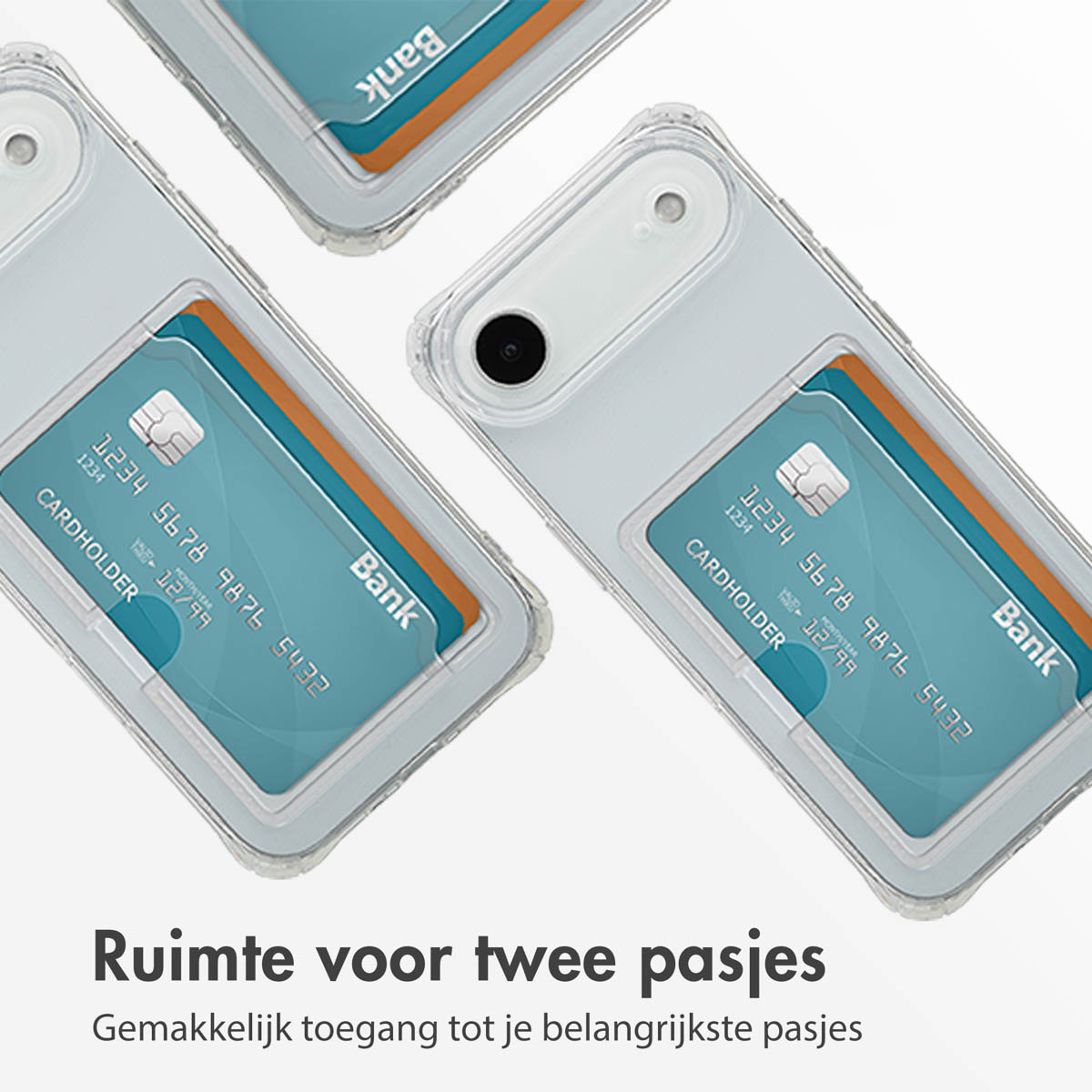 Tre custodie con carte di credito. Testo in basso.