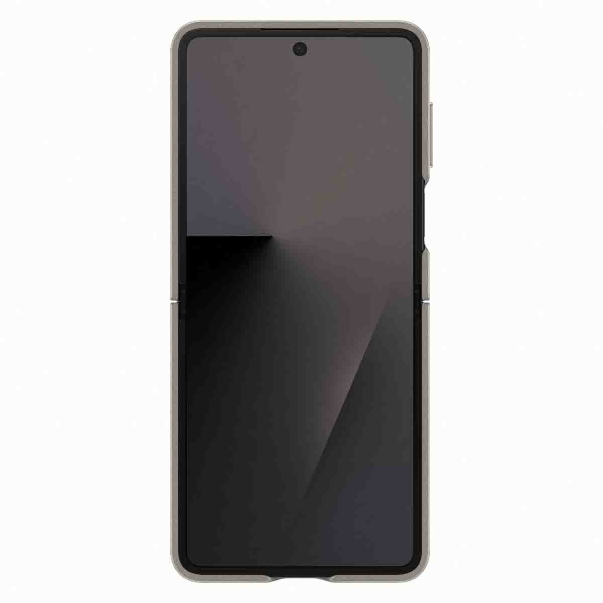 Faltbares Telefon in grauer Hülle, zeigt den Bildschirm. Die Hülle hat ein schlankes Design, mit Kameraausschnitt.