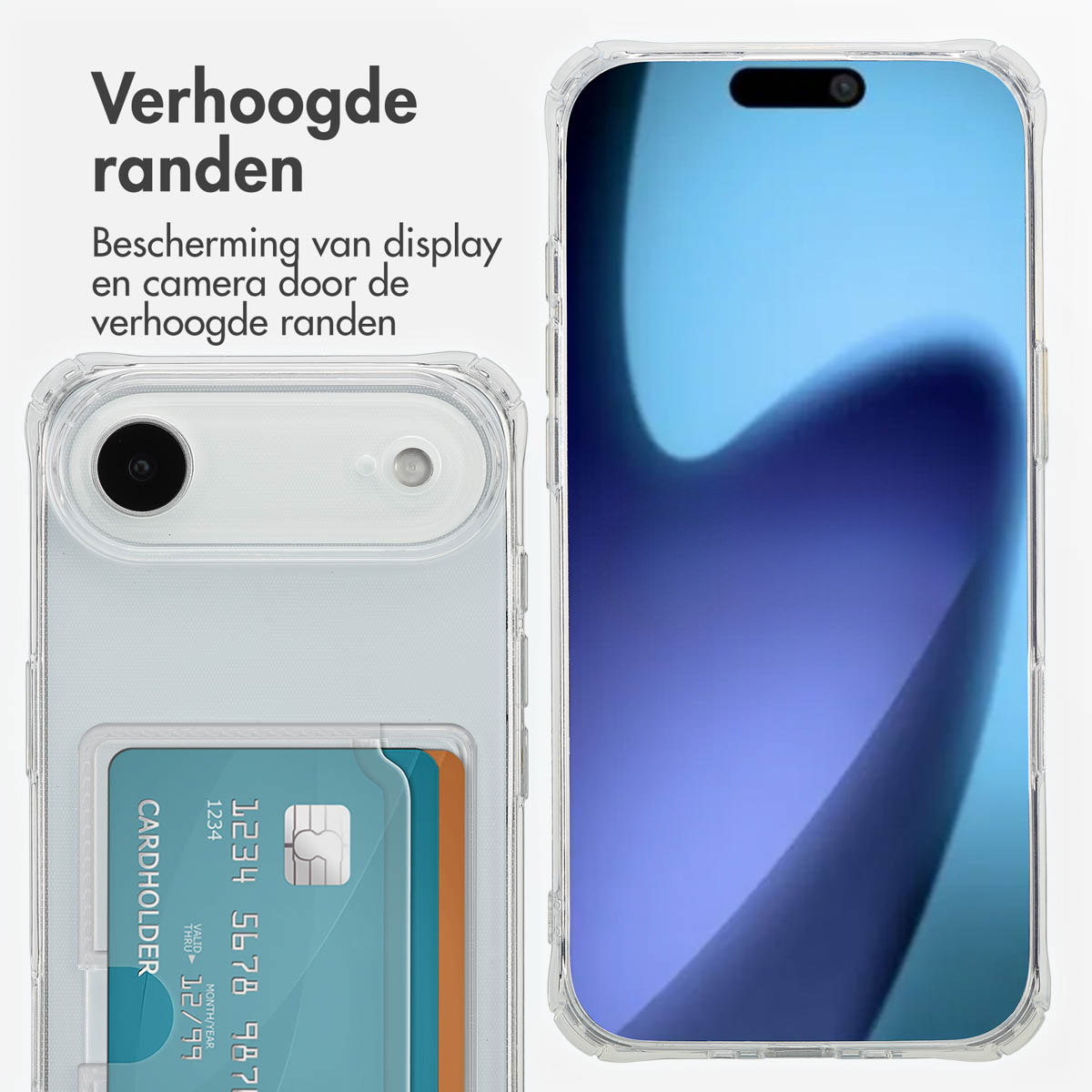 Custodia trasparente con portacarte e schermo del telefono. Testo in olandese sul lato sinistro.