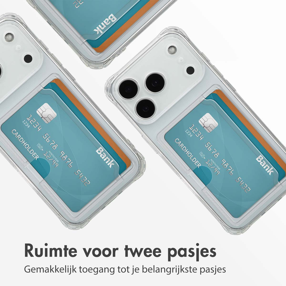 Drie telefoonhoesjes met creditcards. Tekst onderaan.
