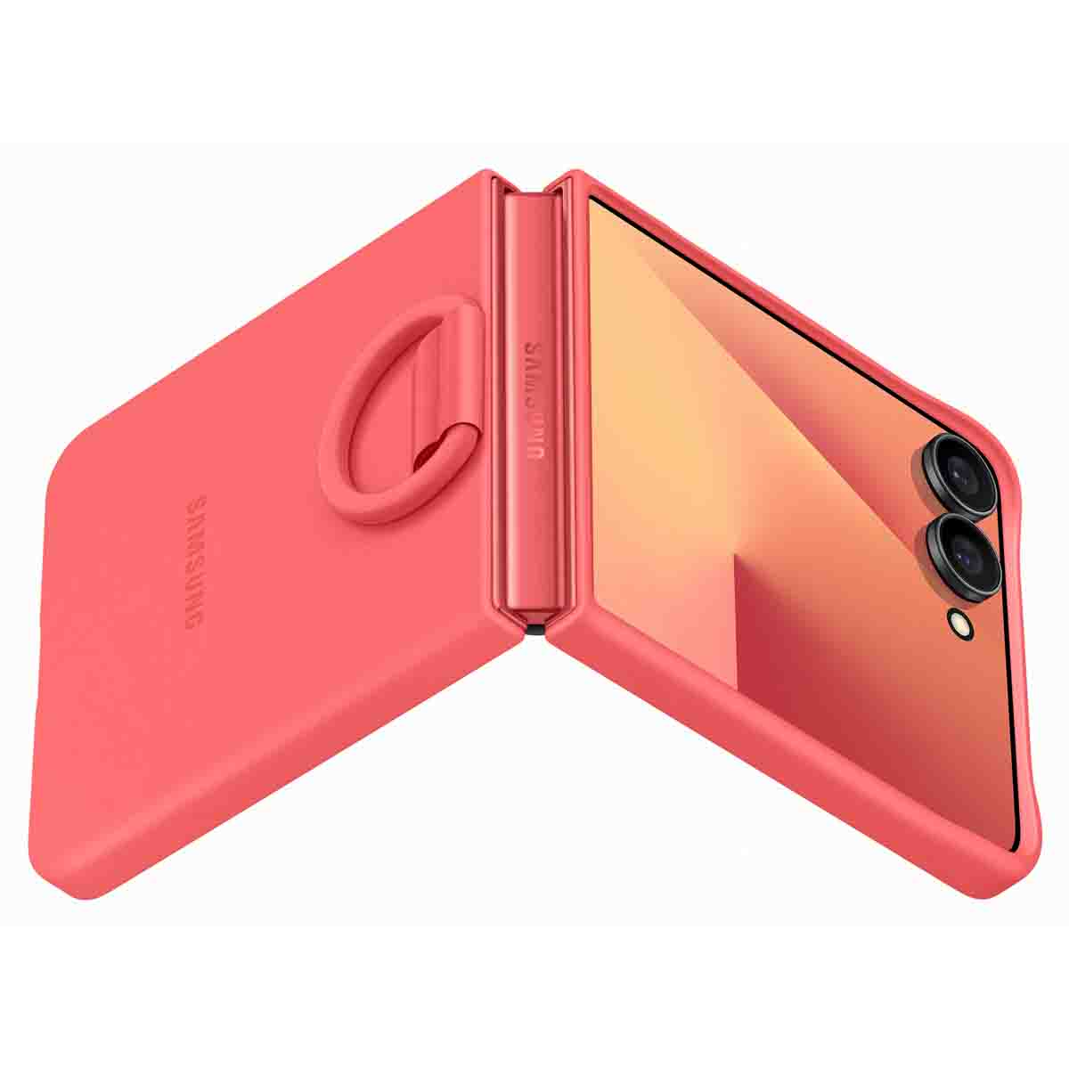 Otwarty różowy futerał na telefon z pętlą. W środku widoczny pomarańczowy telefon. Obecne logo Samsung.
