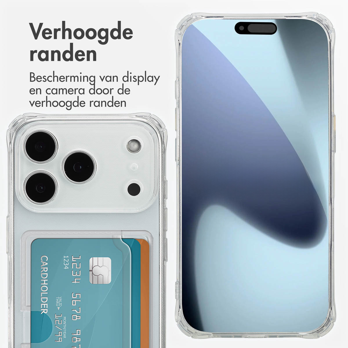 Transparante hoes met telefoon en creditcard. Tekst links.