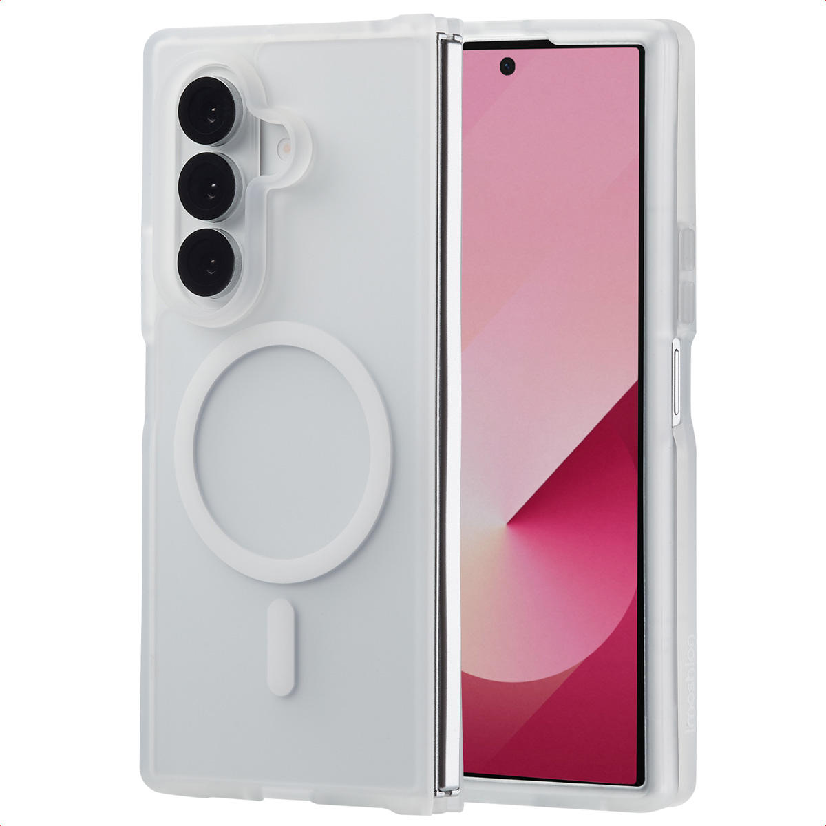 Een doorzichtig telefoonhoesje. De telefoon binnenin is open, het scherm is zichtbaar. Een witte cirkel aan de achterkant.