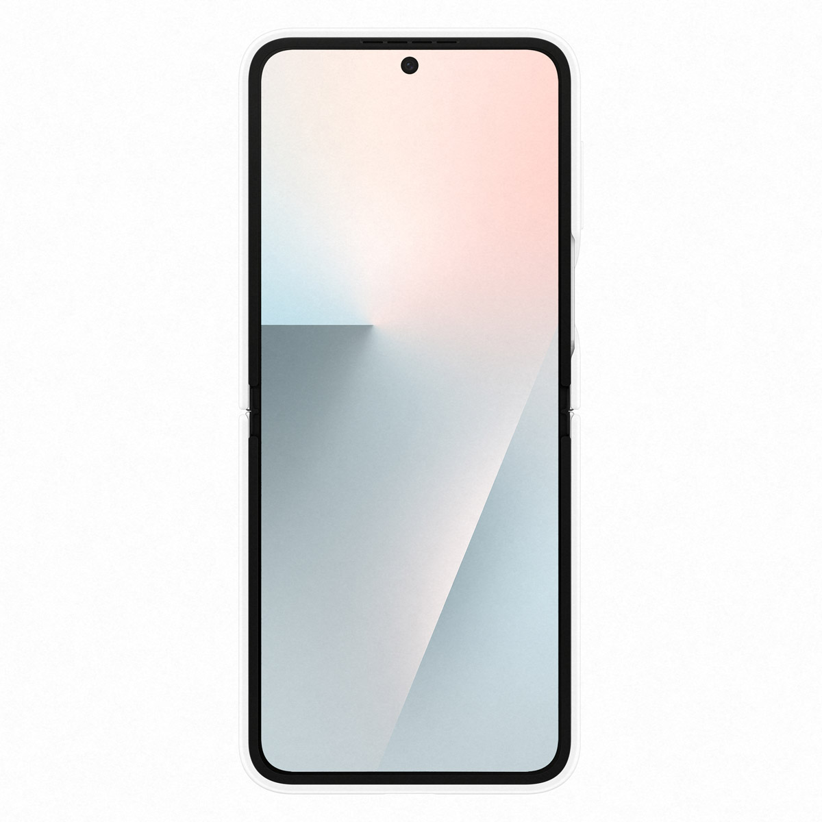 Telefon w przezroczystym etui. Ekran wyświetla gradient różu, błękitu i bieli.