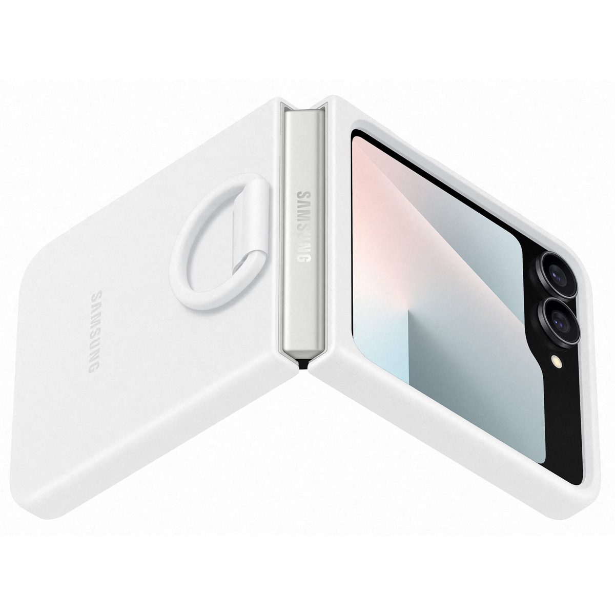 Białe etui na telefon jest otwarte. Widoczne jest logo Samsung.