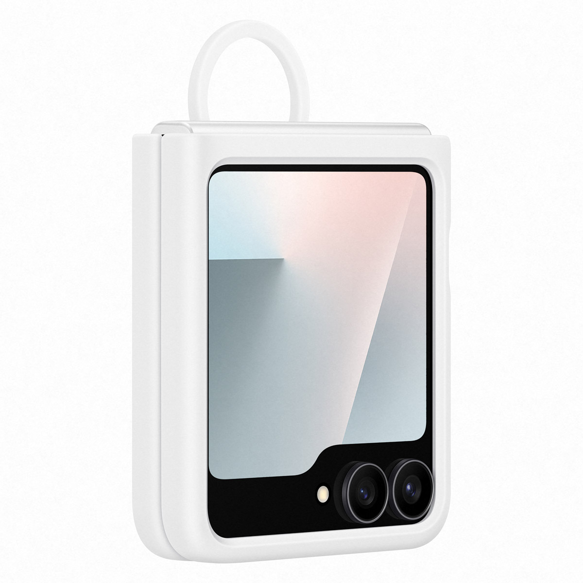 Białe etui na telefon z pętlą. Telefon jest otwarty, wyświetlając gradient.