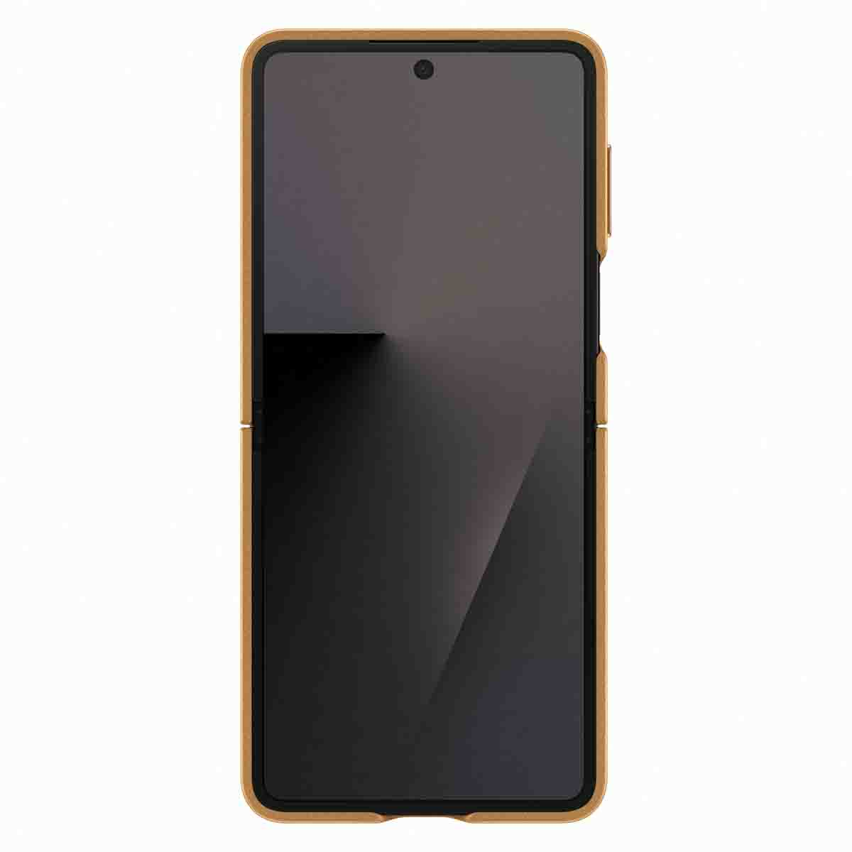 Eine braune Handyhülle. Das Telefon ist geöffnet und zeigt einen schwarzen Bildschirm und einen goldfarbenen Rahmen.