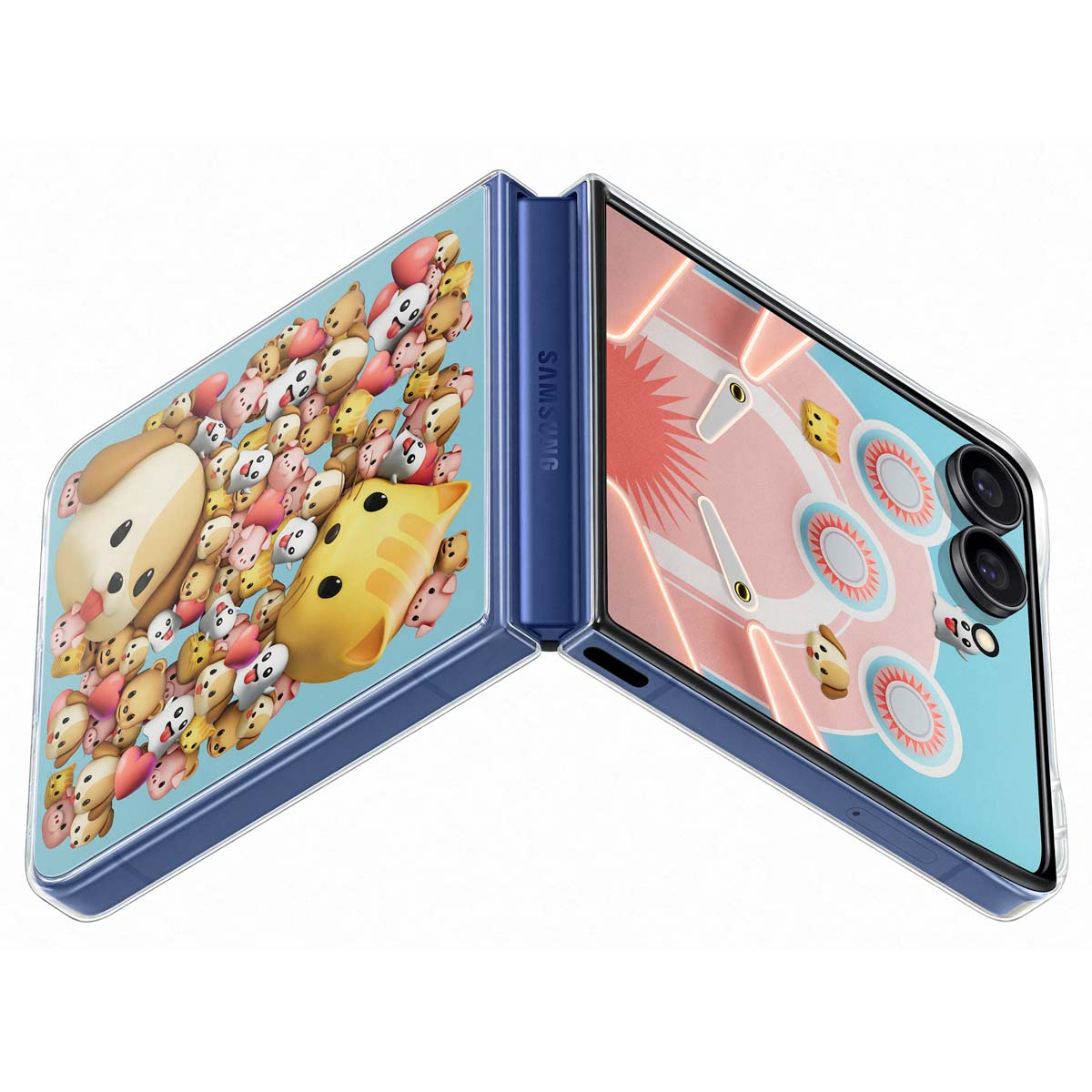 Telefono blu aperto con personaggi dei cartoni animati su entrambi gli schermi.