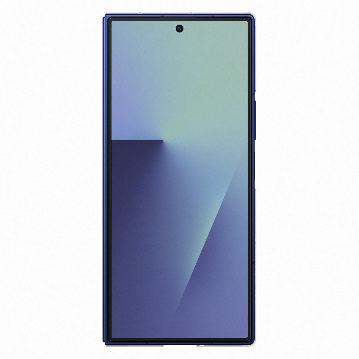 Smartphone blu, schermo acceso, sfondo sfumato.