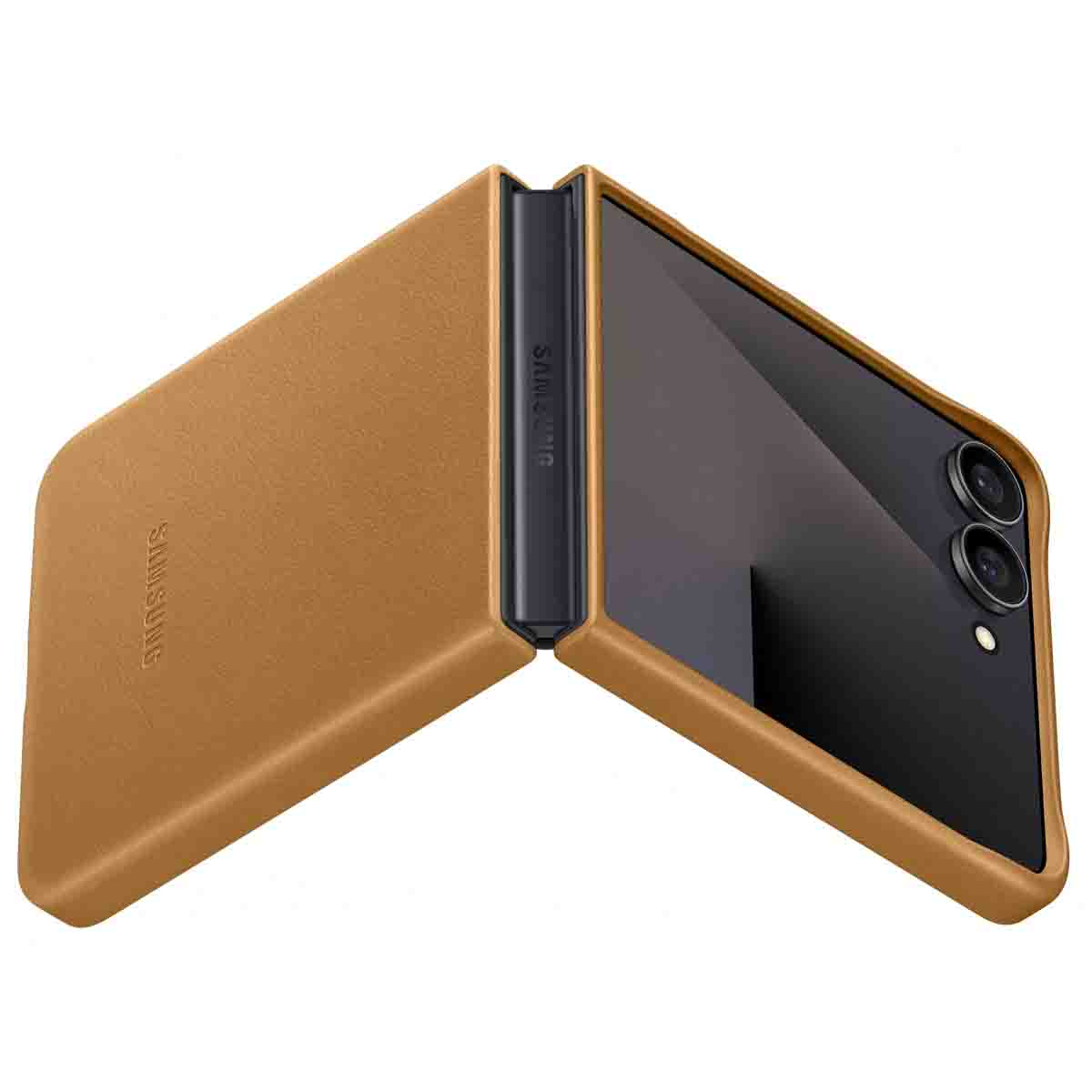 Geöffnetes Telefon, braune Lederstruktur außen.